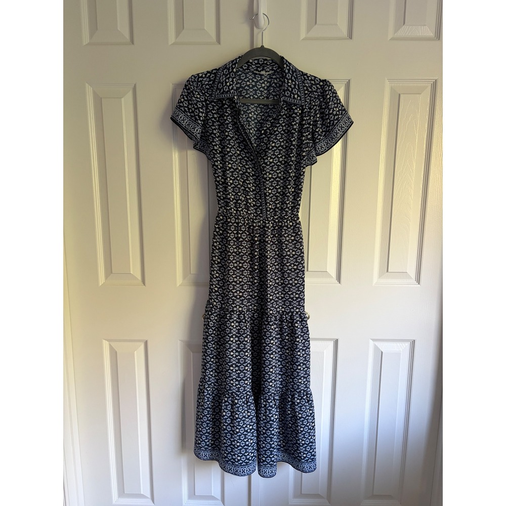 Max Studio London Midi Dress M Navy Tiered Flutter Sleeve Coastal Boho Geometric